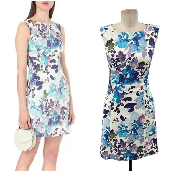 Reiss Juna Dress Floral‎ Watercolor Printed White Purple Blue Size US 4 - Picture 1 of 13